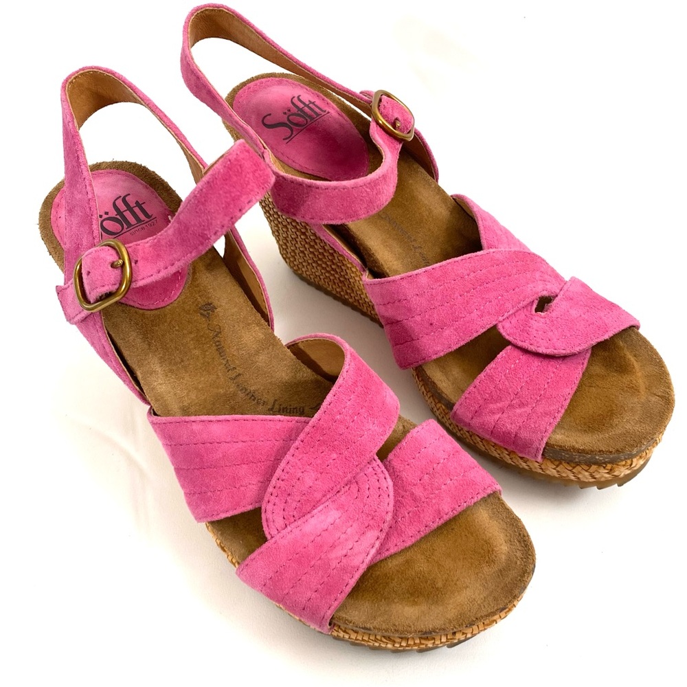 Sofft Wedge Platform Sandals 8 M Pink Suede Open Toe Ankle Strap - Picture 6 of 10